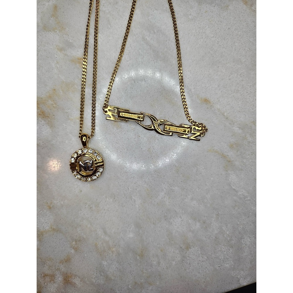 Nina Ricci Gold Pendant Necklace Rhinestone Logo Designer Jewelry - Picture 3 of 6